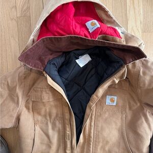 Carhartt Brown Puffer Jacket with Red Hood